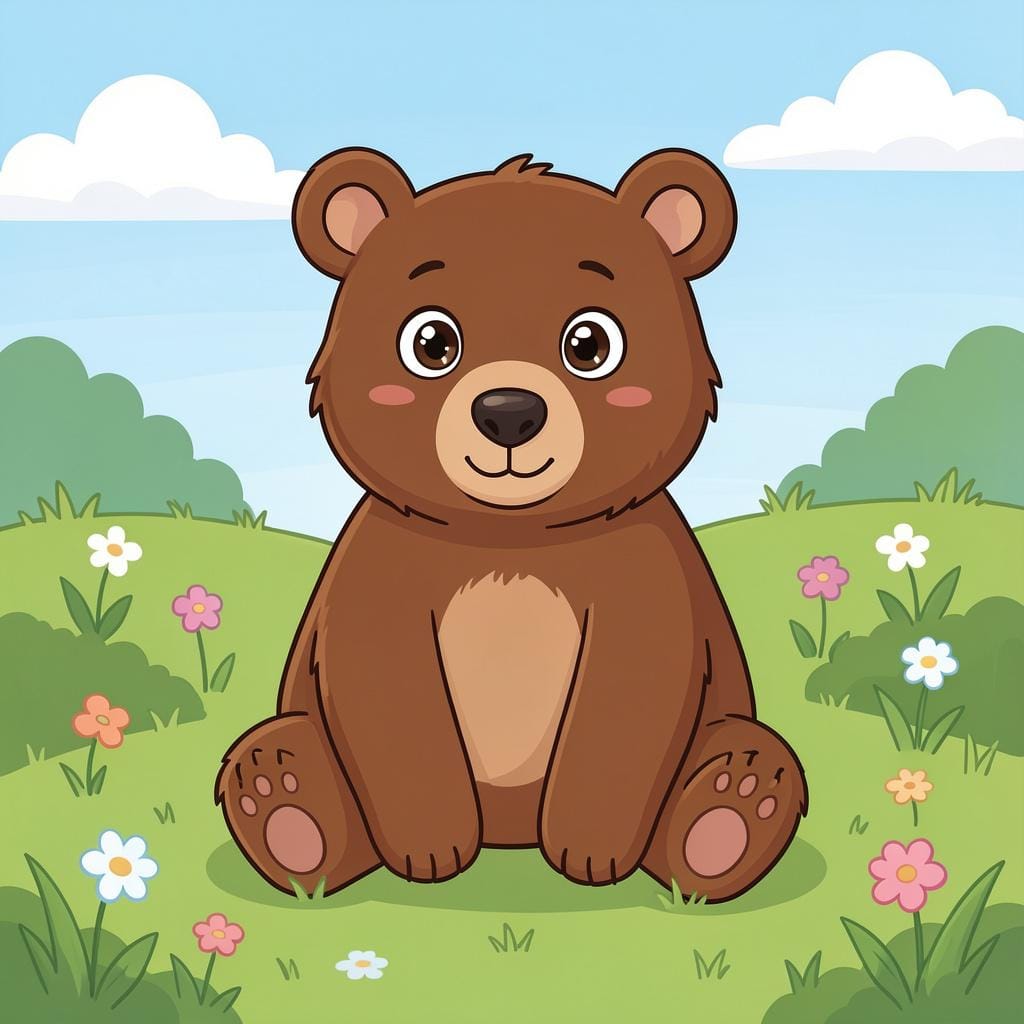 緑の牧草地に座っているフレンドリーな茶色の熊が、集中した優しい目で視聴者をまっすぐ見つめている。