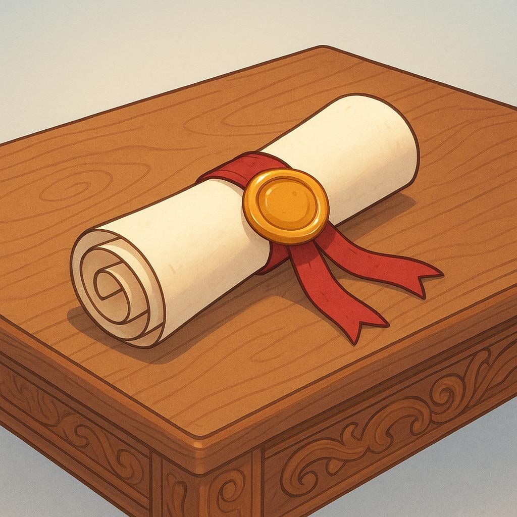 A thick, rolled parchment scroll tied with a red ribbon and sealed with a prominent golden wax stamp rests upon an ornate wooden table.