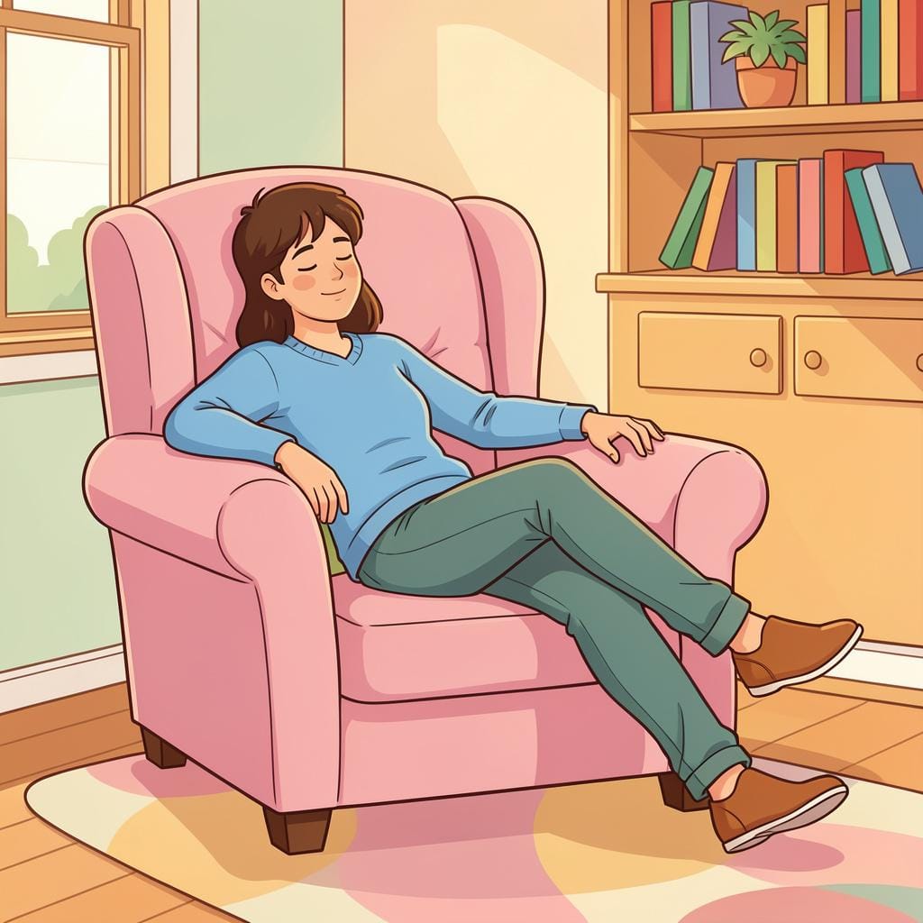 A person relaxing in a comfortable armchair with their eyes closed.