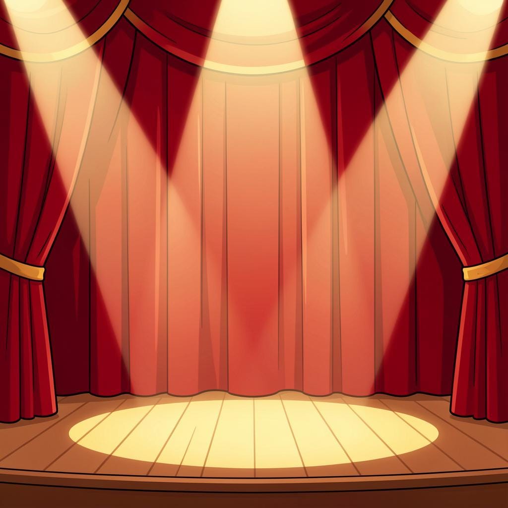 A grand red velvet curtain on a stage with bright spotlights shining on the floor.