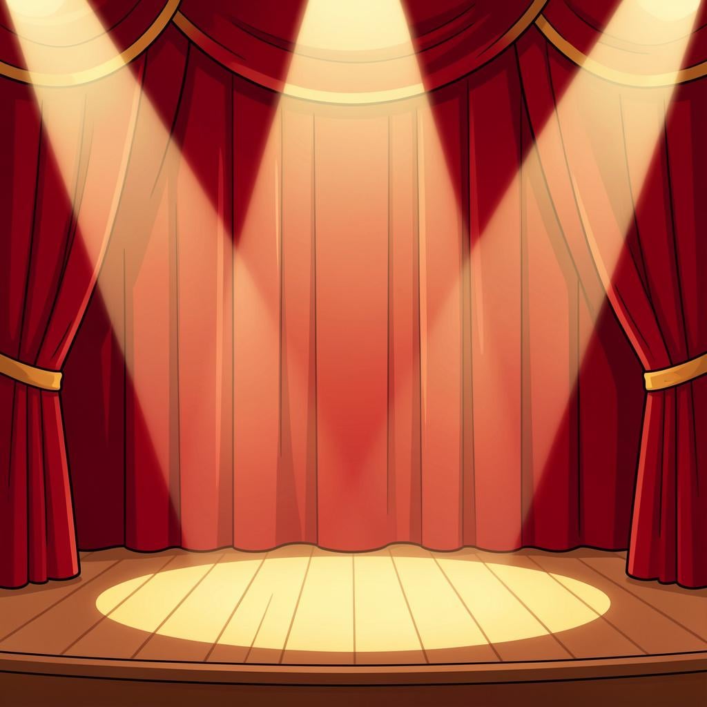 A grand red velvet curtain on a stage with bright spotlights shining on the floor.