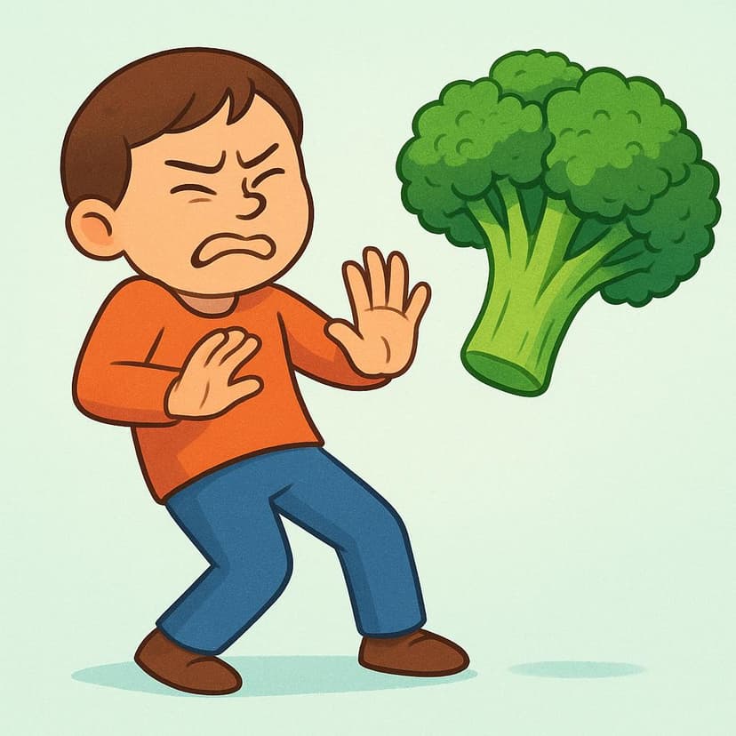 A simple cartoon person with a visibly disgusted expression recoiling strongly from a single large green vegetable on a table, holding their hand up in a 'stop' gesture.