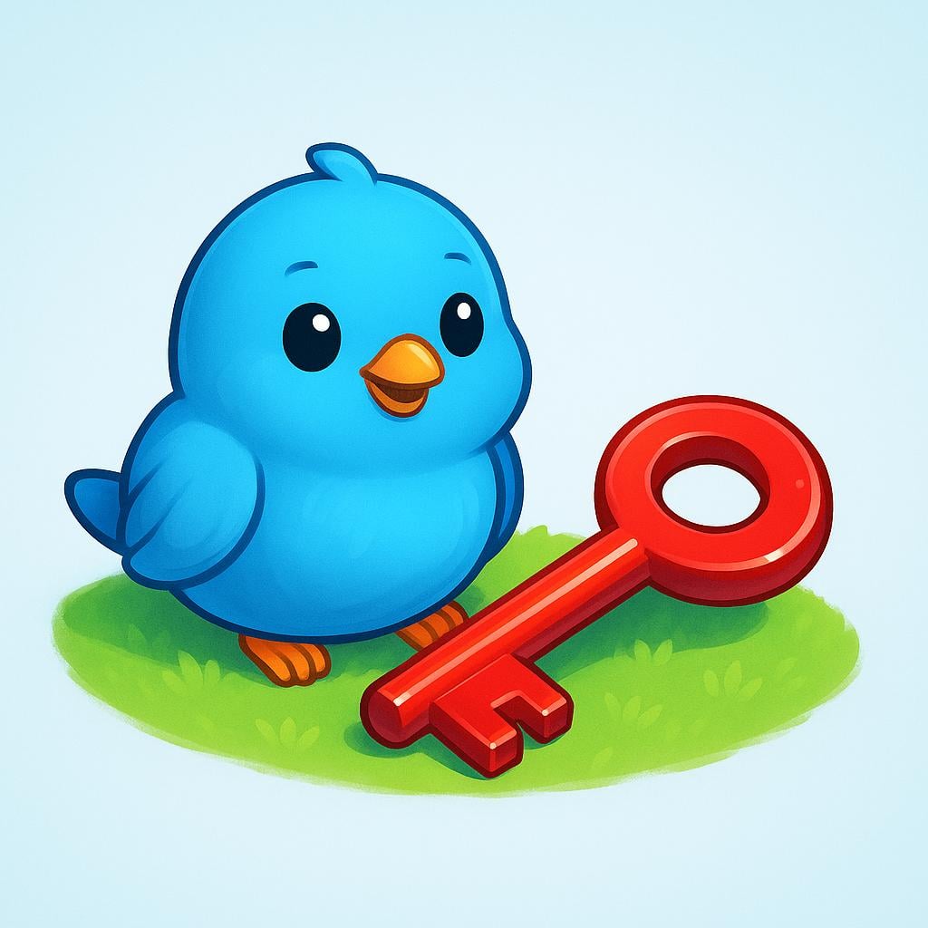 A small, friendly blue bird is sitting proudly next to a shiny red key on a patch of green grass, symbolizing possession.
