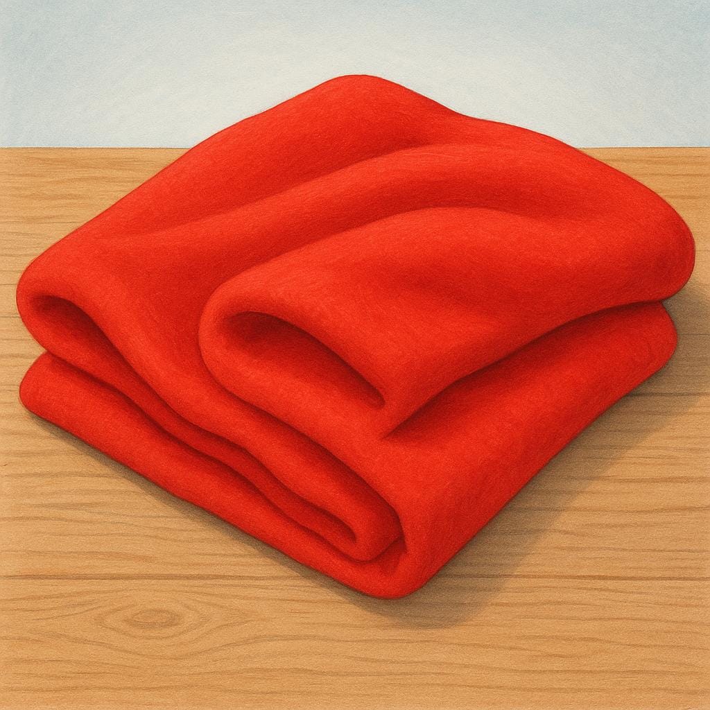 A large piece of bright red, soft cotton cloth is folded neatly, resting on a light wooden surface, illustrating fabric.