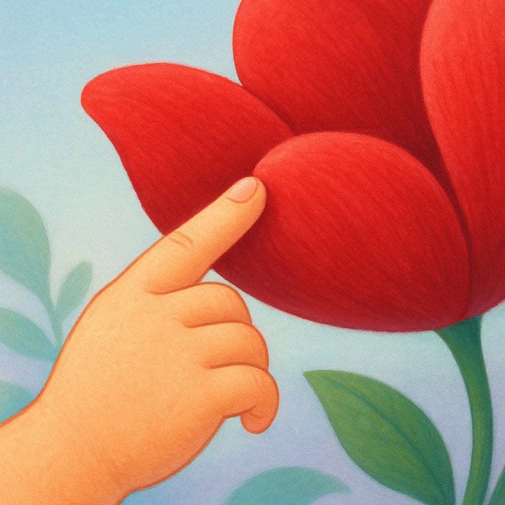 子供の手が、鮮やかな大きな花の柔らかい赤い花びらにそっと触れている。