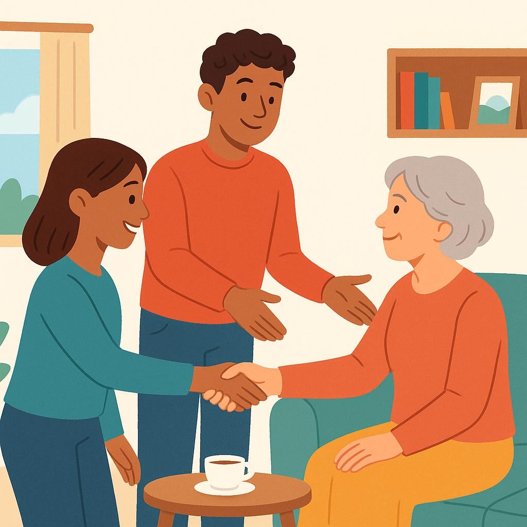 A scene depicting a warm introduction where a young man is presenting a new friend to an older woman, and the two are shaking hands.