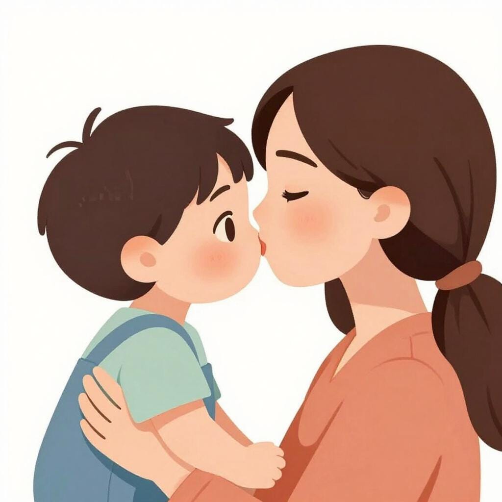 母親が子供のおでこにキスをしている、シンプルな絵本風のイラスト。