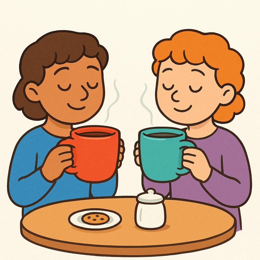 Dois amigos de desenho animado sentados em uma mesinha, levantando e bebendo simultaneamente de canecas grandes com líquido fumegante.