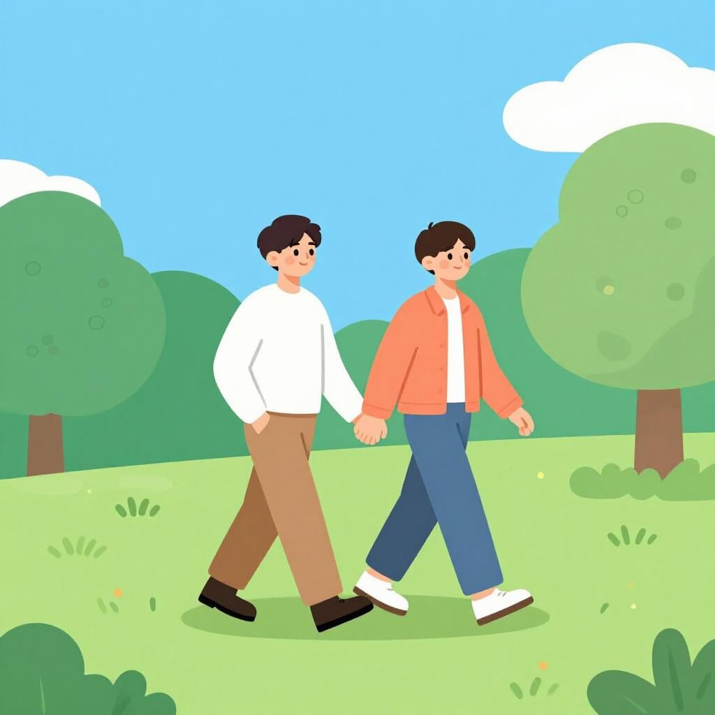 公園を並んで歩き、手をつないで笑顔の男性二人。