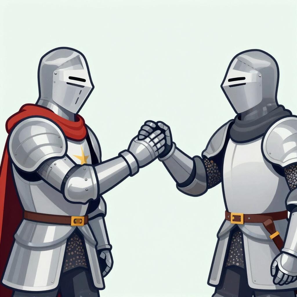 A knight holding a single glove, extending it toward another knight to start a duel.
