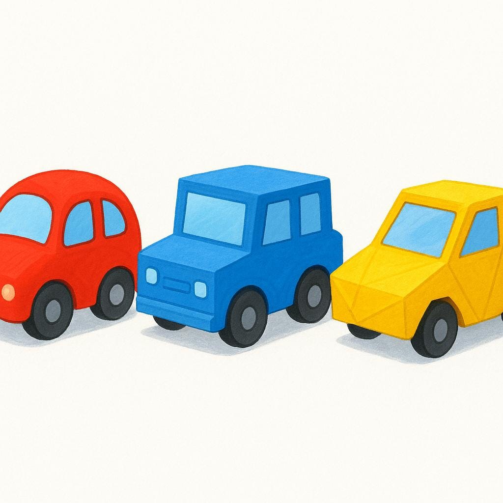 Tre macchinine giocattolo semplici allineate, ognuna di un colore e design leggermente diversi, che rappresentano diverse edizioni o modelli dello stesso oggetto.