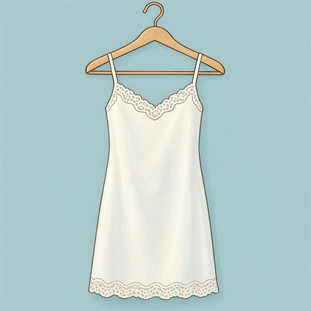 A simple, white satin slip undergarment with lace trim hanging neatly from a hanger.