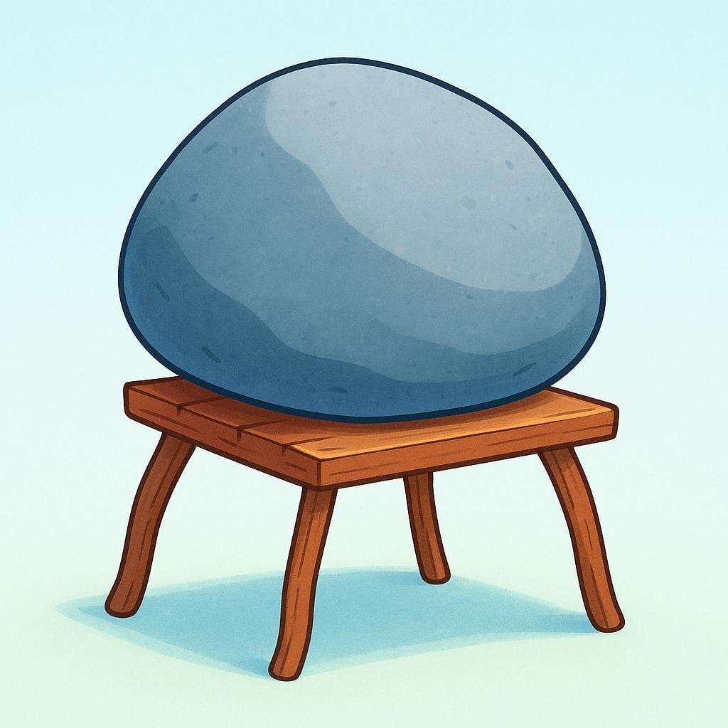 A massive, gray, rounded rock resting heavily on a small wooden table, causing the table legs to visibly bow under the load, illustrating physical heaviness.