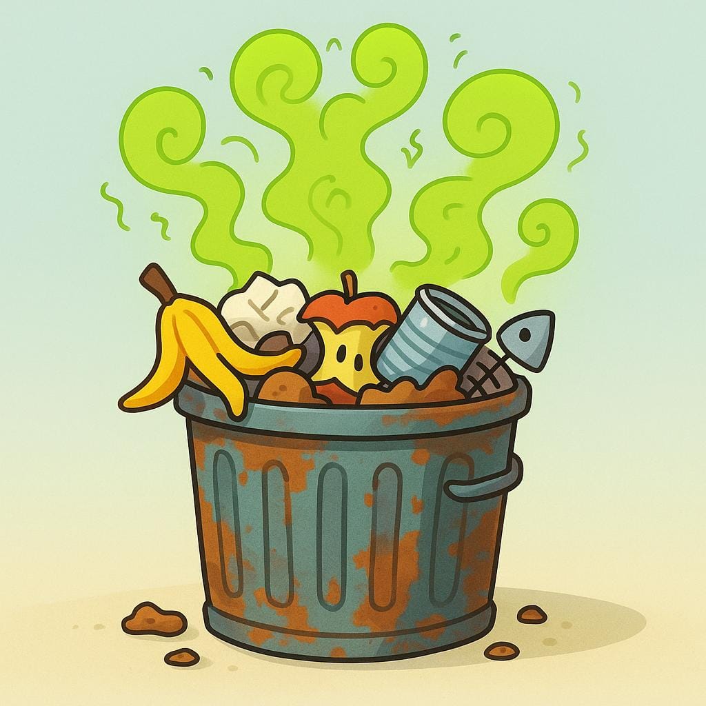 Un bidone della spazzatura metallico, arrugginito e traboccante, posto all'esterno in una giornata di sole, che emette dense nuvole verdi vorticose per rappresentare un cattivo odore.