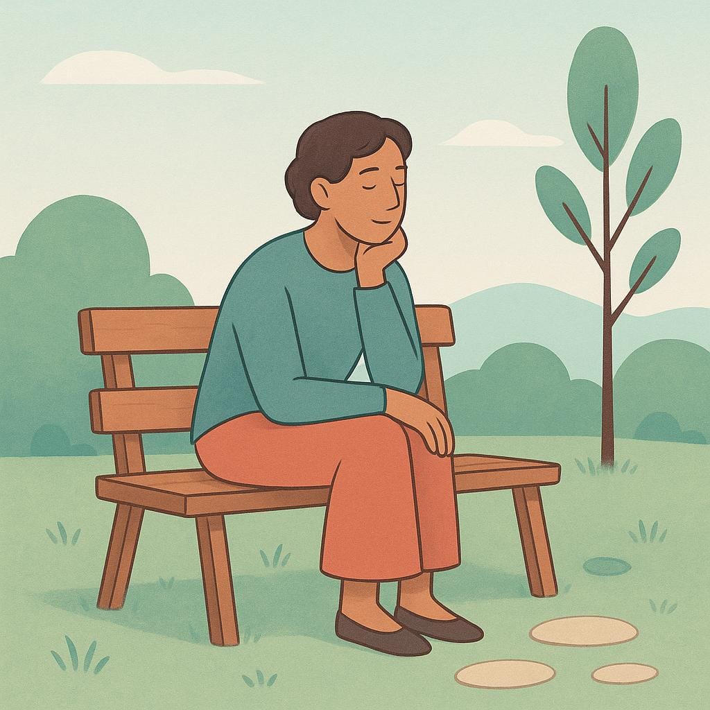 A person sitting calmly on a wooden bench in a peaceful, minimalist garden, resting their chin on their hand in a thoughtful and serene pose, illustrating prudence and wisdom.