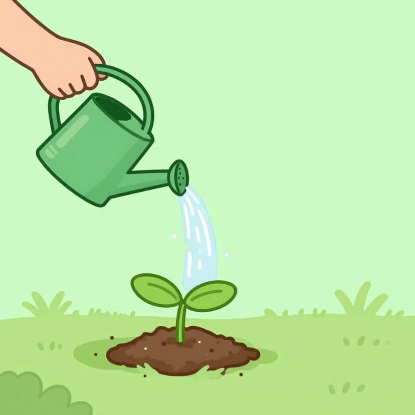 Een kind dat een klein spruitje in een tuin water geeft, om de groei te bevorderen.