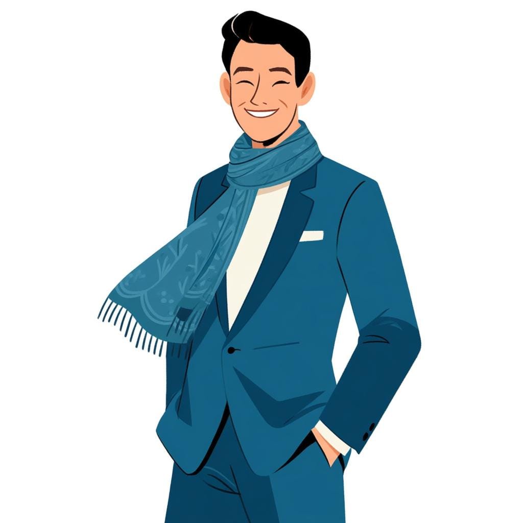 A very elegantly dressed person wearing a perfectly tailored suit and sophisticated scarf, standing confidently with excellent posture, symbolizing high quality and class.
