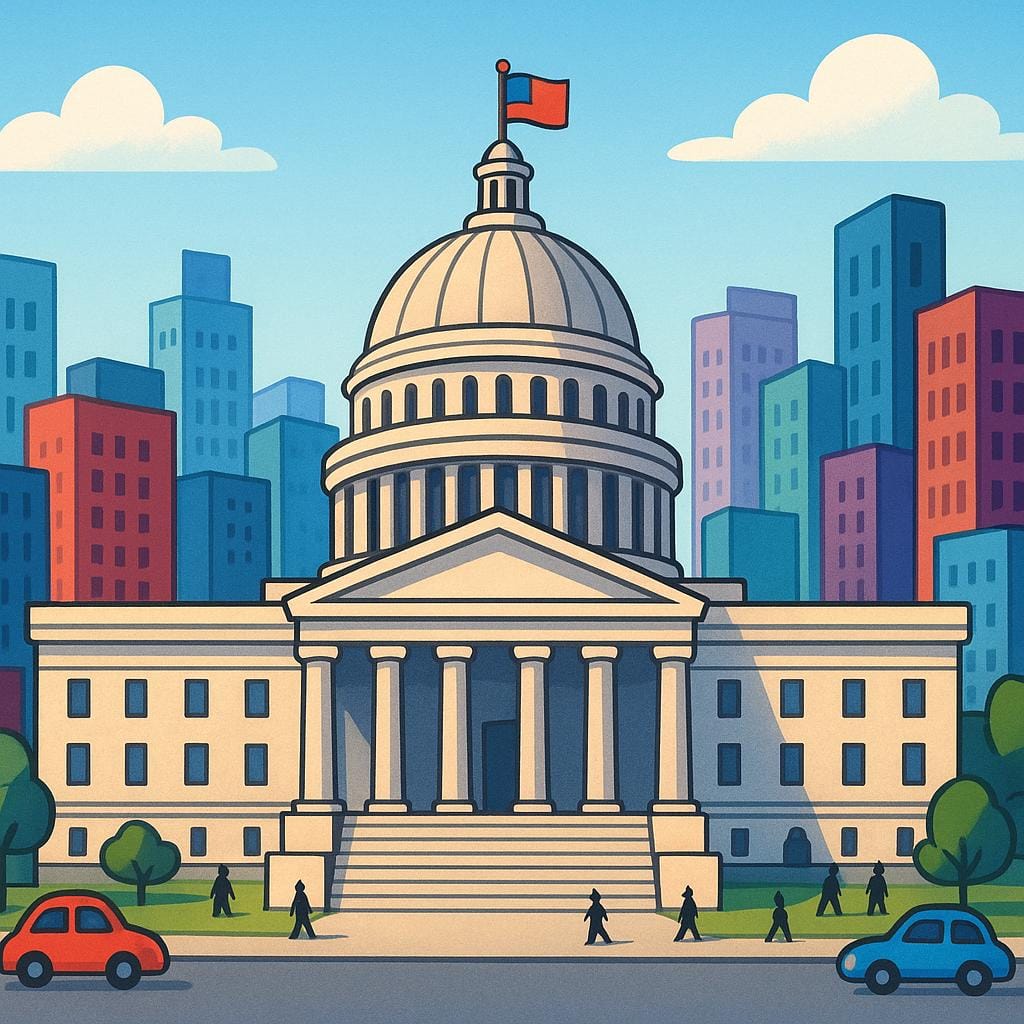 Une illustration colorée d'un grand bâtiment gouvernemental avec un dôme imposant, symbolisant le siège du gouvernement dans une ville capitale.