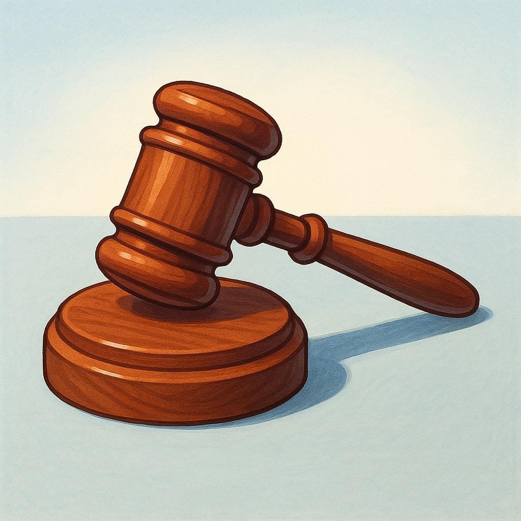 A large wooden judge's gavel resting on a circular wooden sound block.