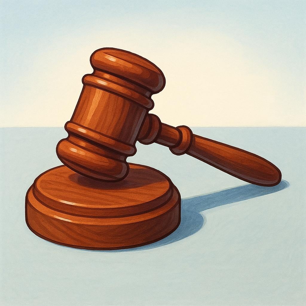 A large wooden judge's gavel resting on a circular wooden sound block.
