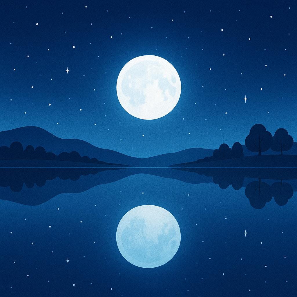 Une scène tranquille d'un lac parfaitement immobile reflétant la lune et les étoiles, soulignant l'absence de son et de mouvement.