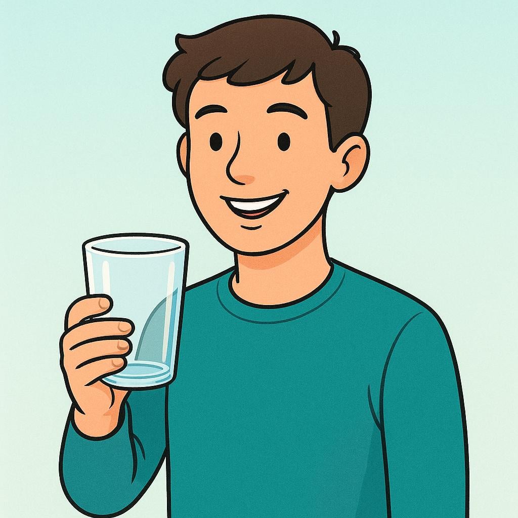 A person with a satisfied expression holding an empty, clear glass, suggesting they just finished drinking.