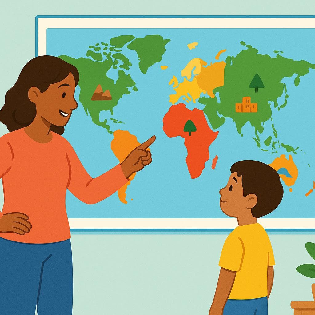 Um professor amigável apontando para um mapa colorido na parede enquanto um aluno assiste atentamente.