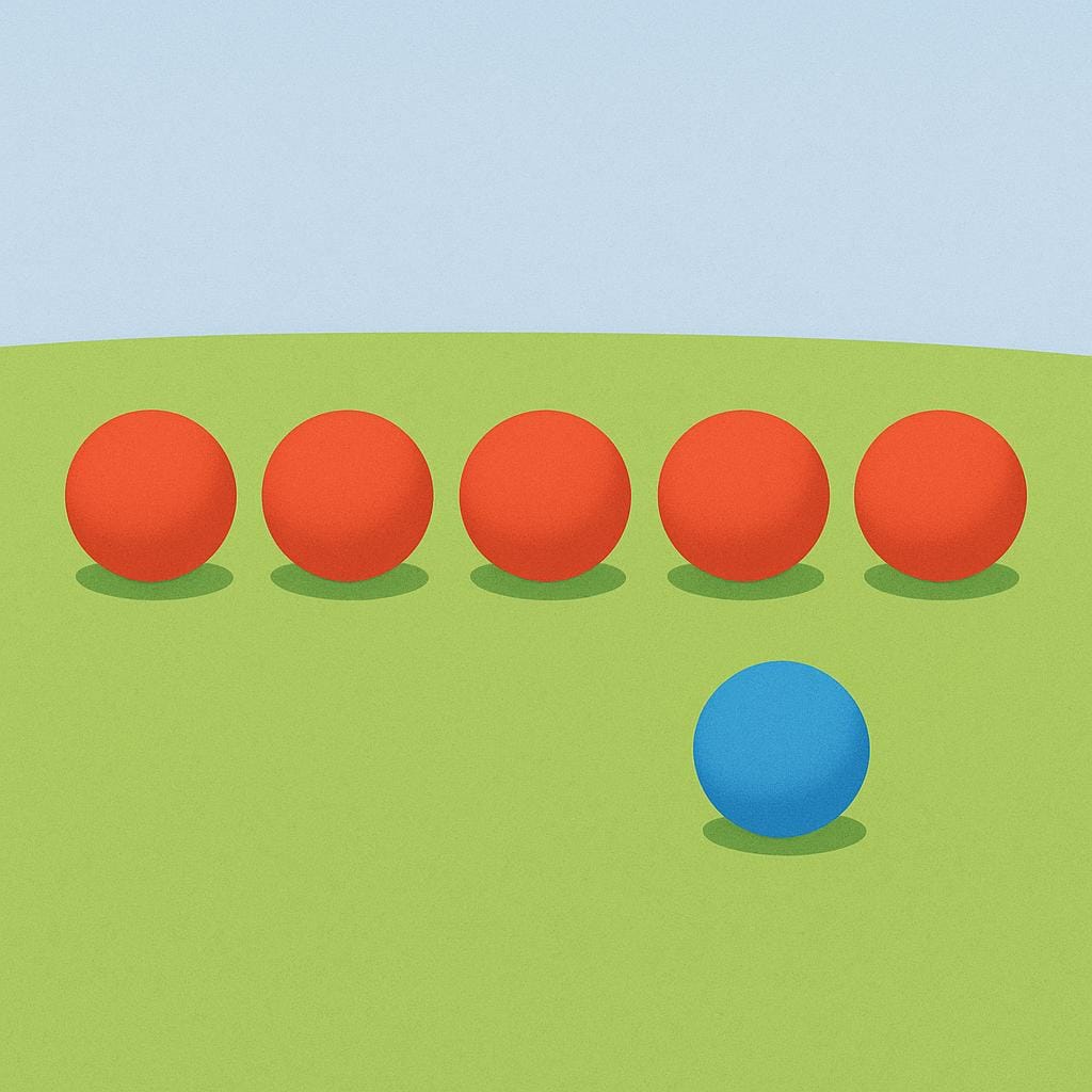 A line of five identical red balls with one distinct blue ball placed outside the line, clearly symbolizing an exception or exclusion.