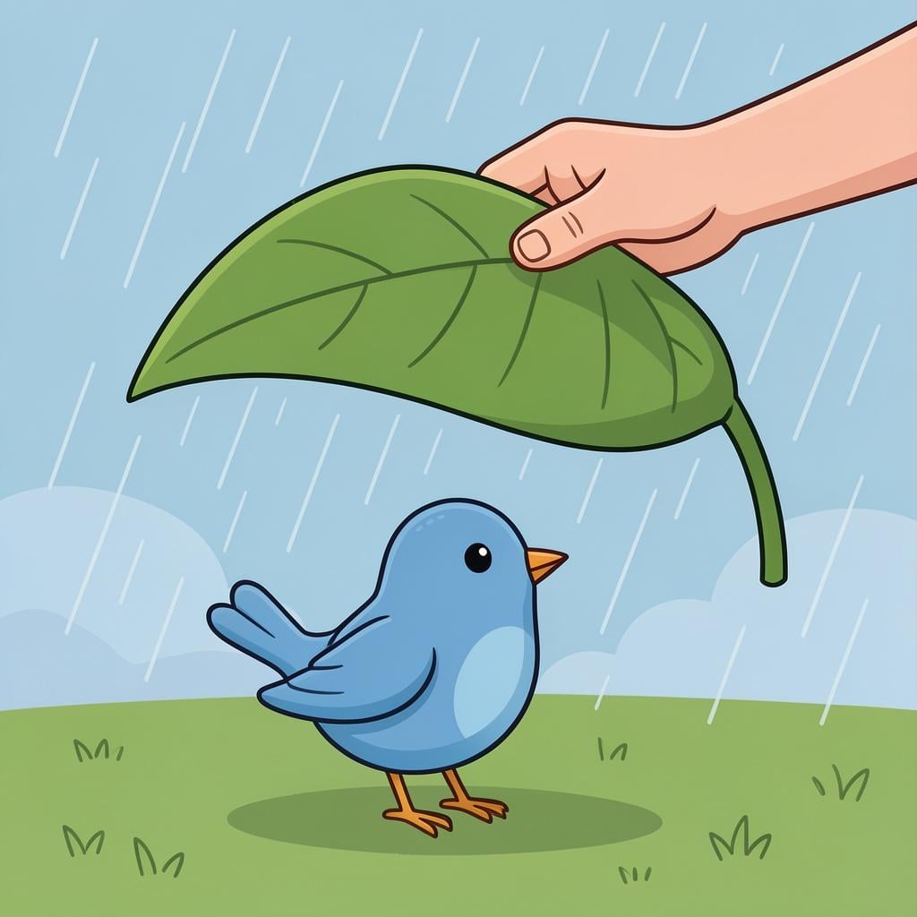 A small bird standing in the rain while a child holds a large leaf over it to keep it dry.