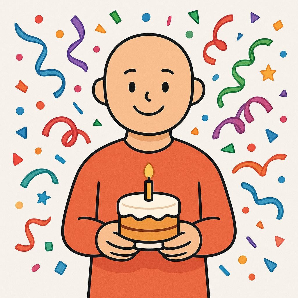A simplified illustration of colorful confetti and party streamers bursting around a smiling figure holding a small cake, depicting an unexpected event occurring.