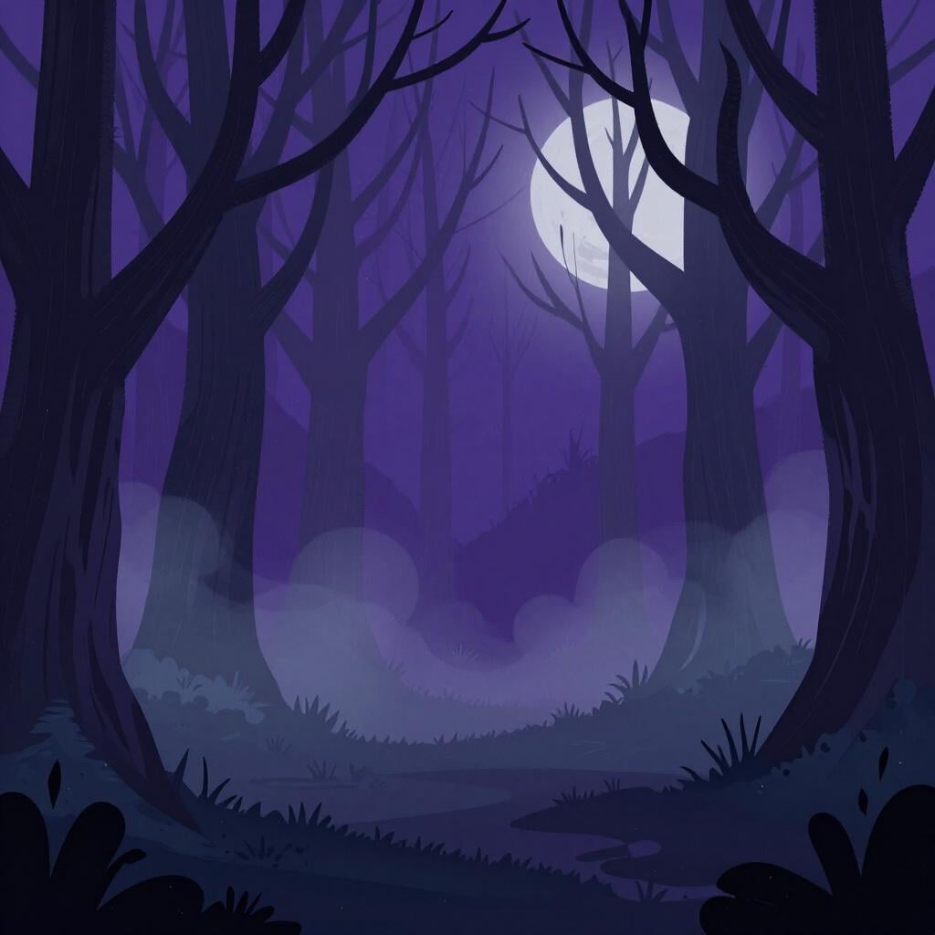 A dark, dense forest at night with thick fog and twisted tree silhouettes.