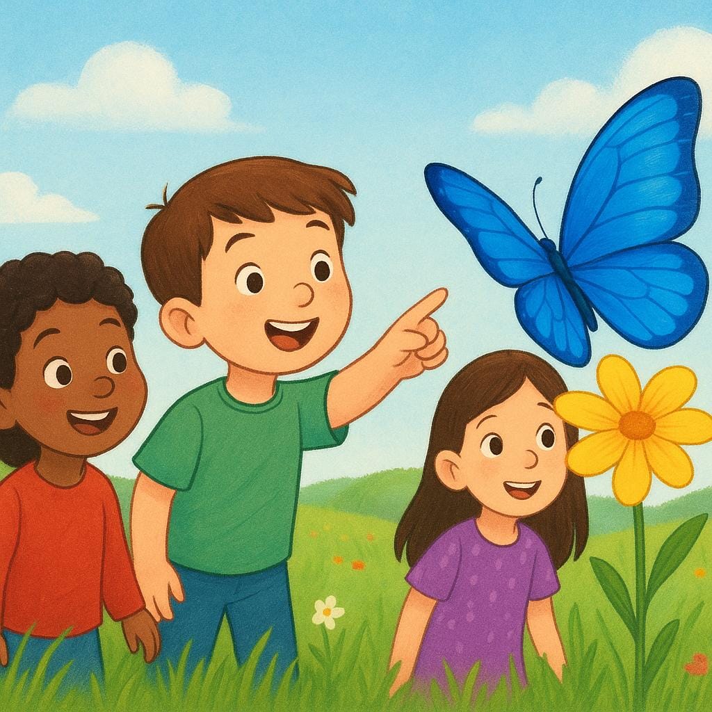 A brightly colored storybook illustration showing three children outdoors. One child is pointing excitedly at a large blue butterfly resting on a yellow flower, while the other two children are turning their heads to look intently at the butterfly.