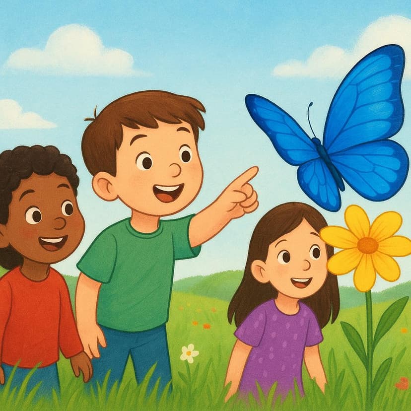 A brightly colored storybook illustration showing three children outdoors. One child is pointing excitedly at a large blue butterfly resting on a yellow flower, while the other two children are turning their heads to look intently at the butterfly.