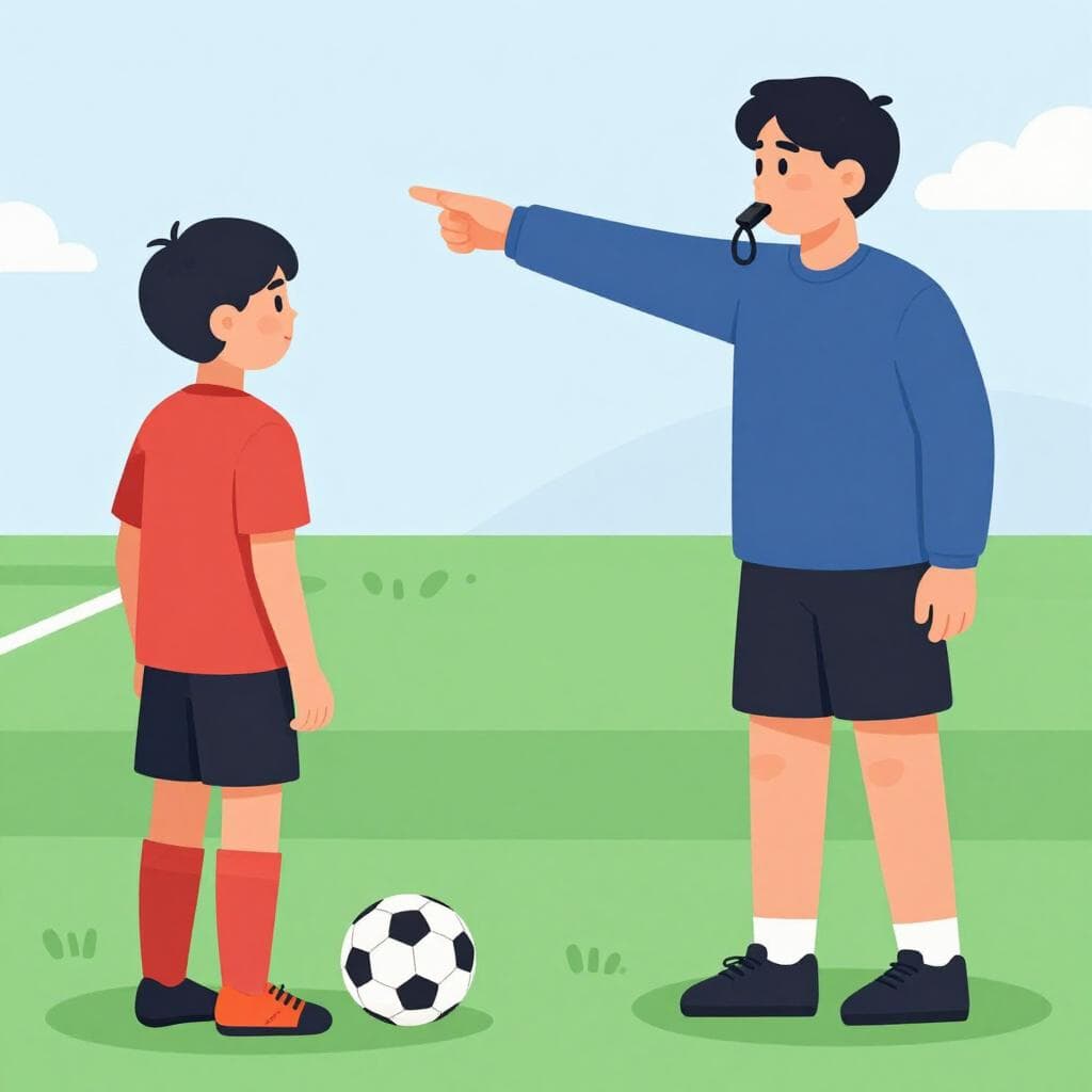 Uma pessoa amigável vestindo um agasalho e segurando um apito, em pé em um campo esportivo verde e apontando enquanto dá instruções a um jogador de futebol.