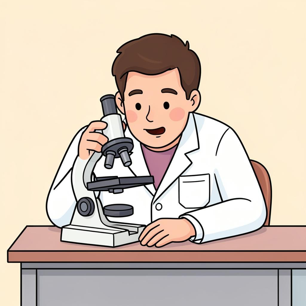A person in a laboratory coat carefully looking through a microscope.