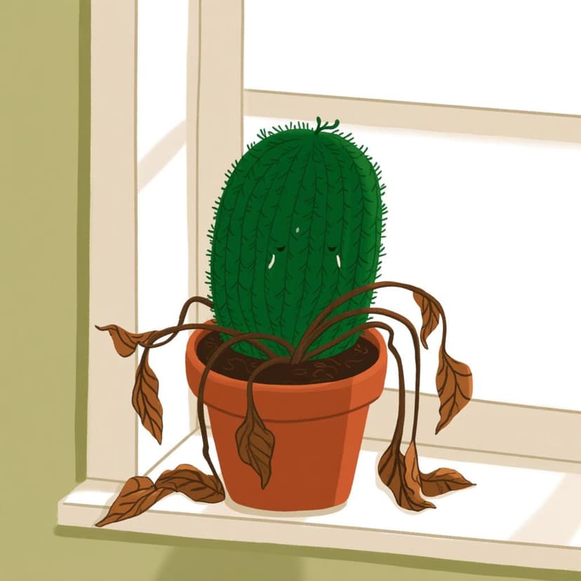 A simple green potted houseplant on a windowsill that is completely wilted, drooping over, and showing dry, brown edges, symbolizing that it has died.