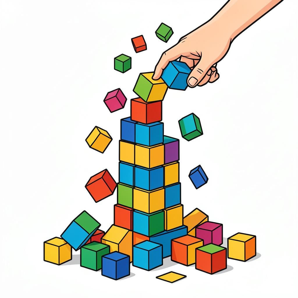 A child's toy block tower being knocked over by a single finger.