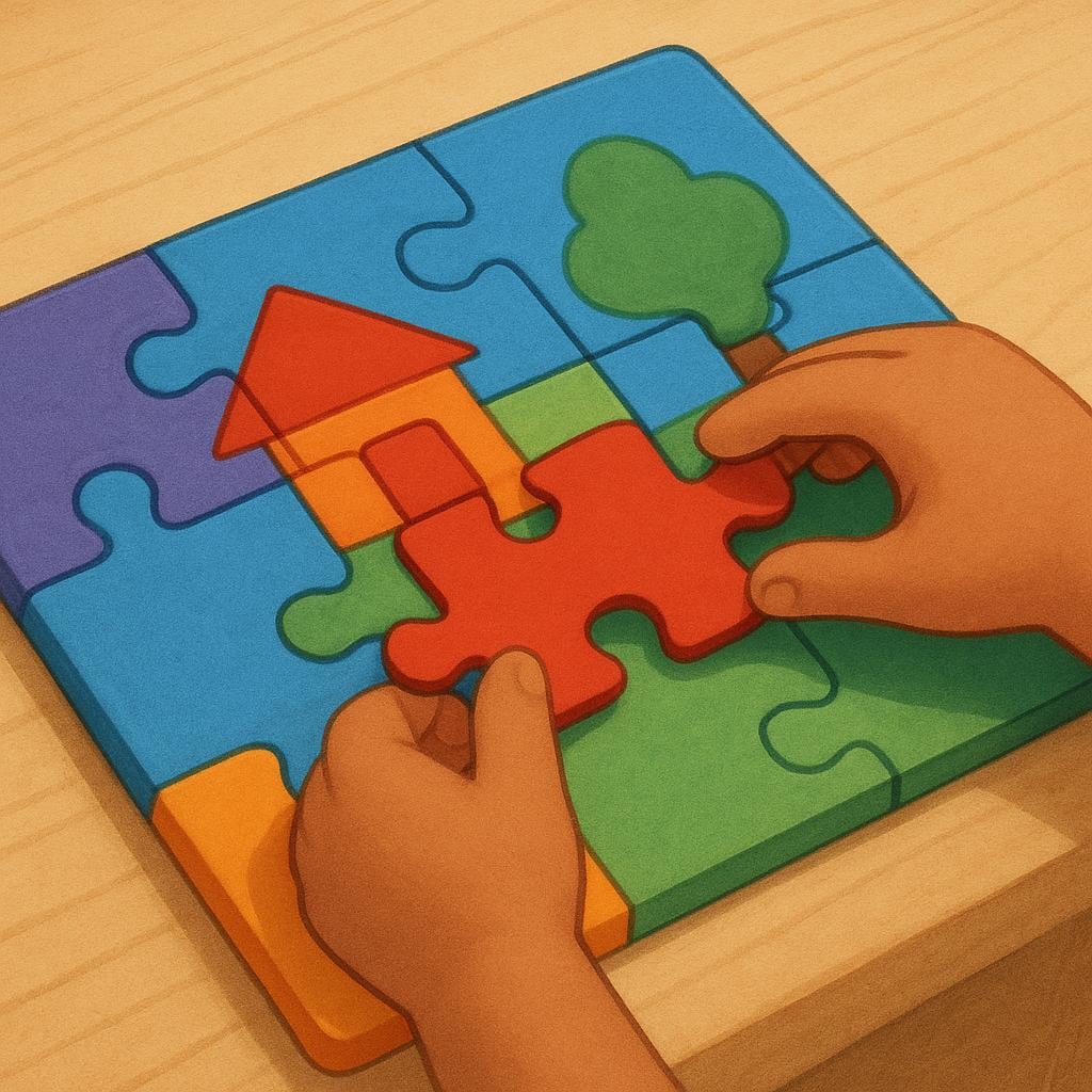 A child's hands successfully placing the last piece into a colorful, simple jigsaw puzzle, symbolizing the development of skill.