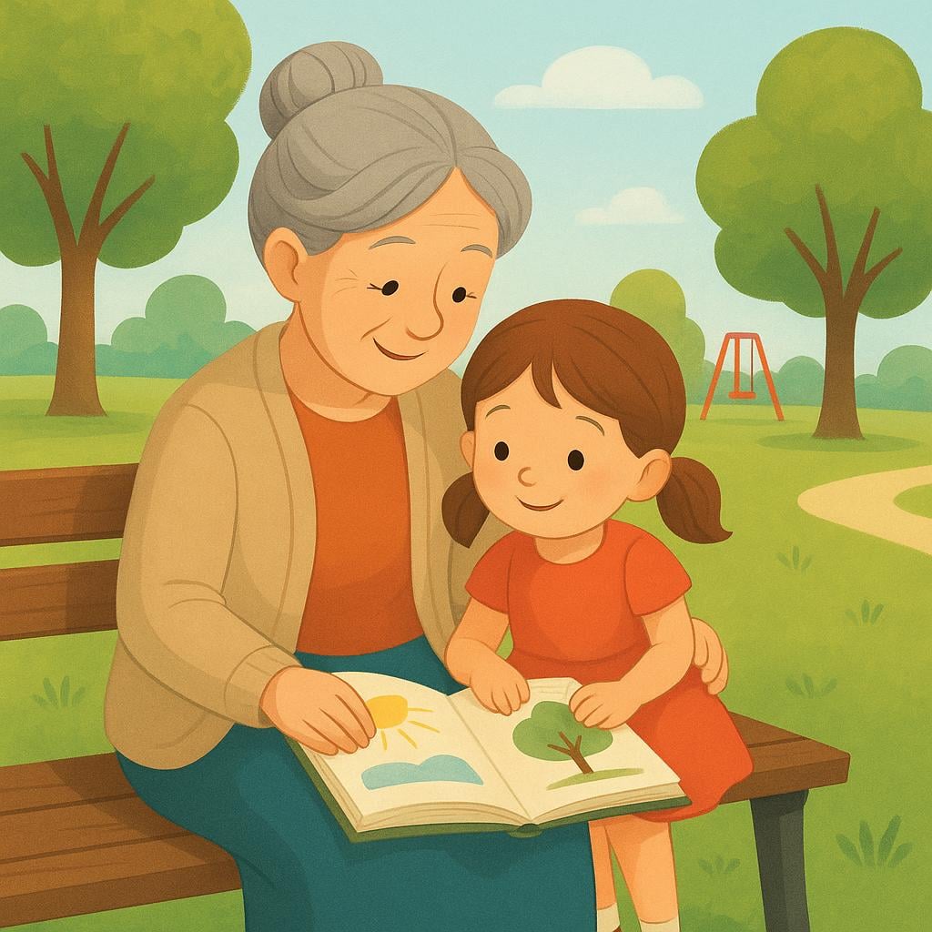 A smiling elderly woman sitting on a park bench, gently reading a colorful storybook to her young granddaughter who is sitting closely beside her.
