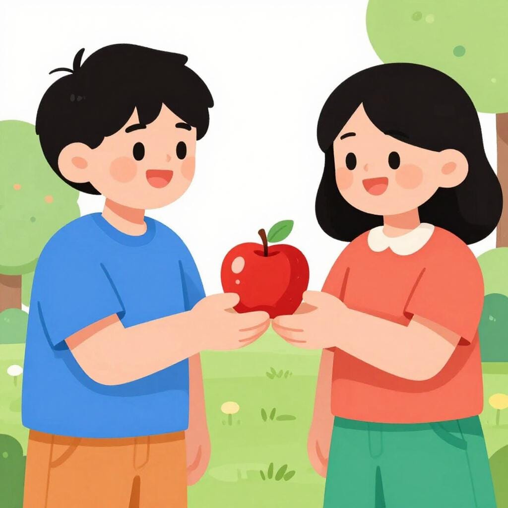Eine einfache Illustration einer Person, die einen leuchtend roten Apfel mit einem lächelnden Freund teilt, um Freundlichkeit zu zeigen.