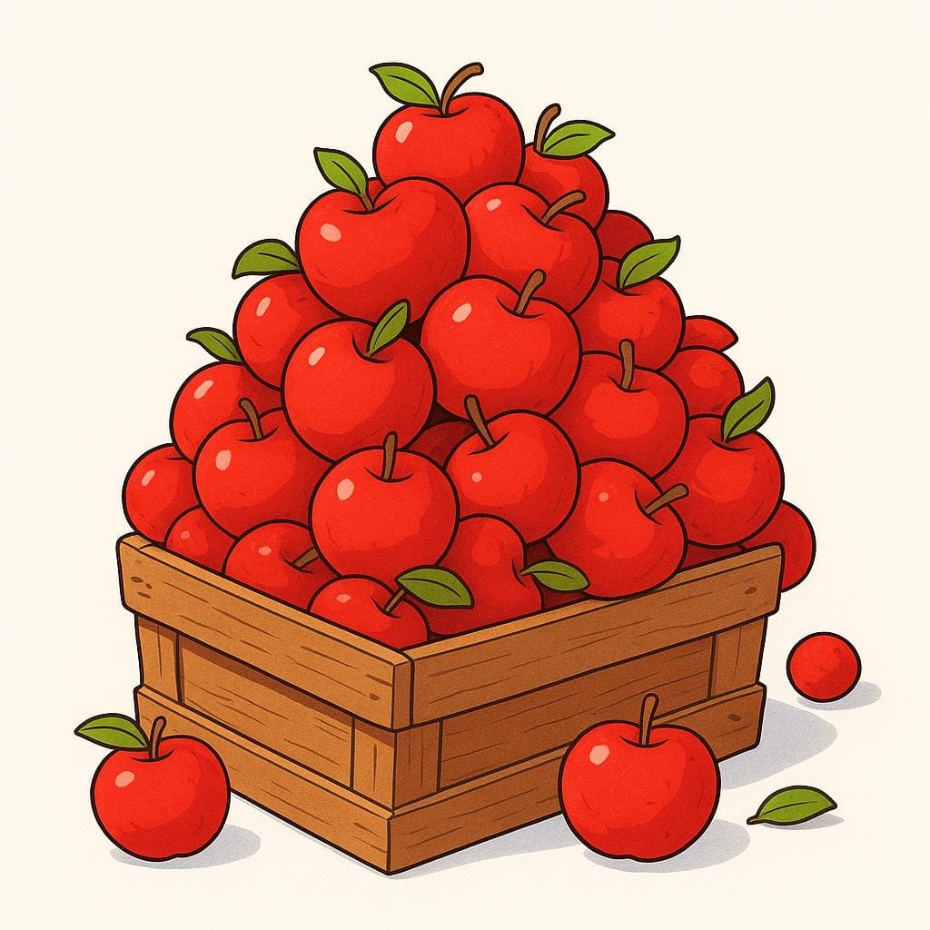 A massive, overwhelming pile of brightly colored red apples spilling out dramatically from a small wooden crate onto the ground.