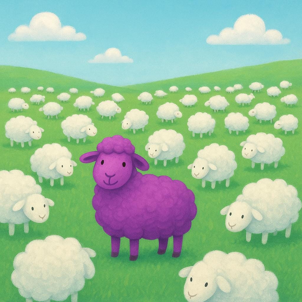 A simple colorful storybook illustration showing a bright green field populated by a large group of fluffy white sheep. One single sheep is colored vibrant purple, standing out dramatically from the rest of the flock.