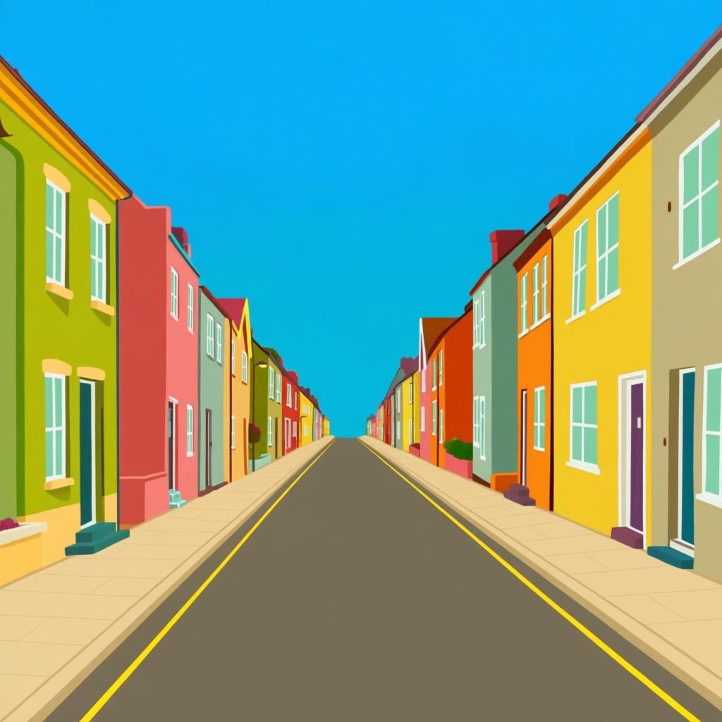 A colorful, simple illustration of a narrow city street lined with small, vibrant buildings under a clear sky.