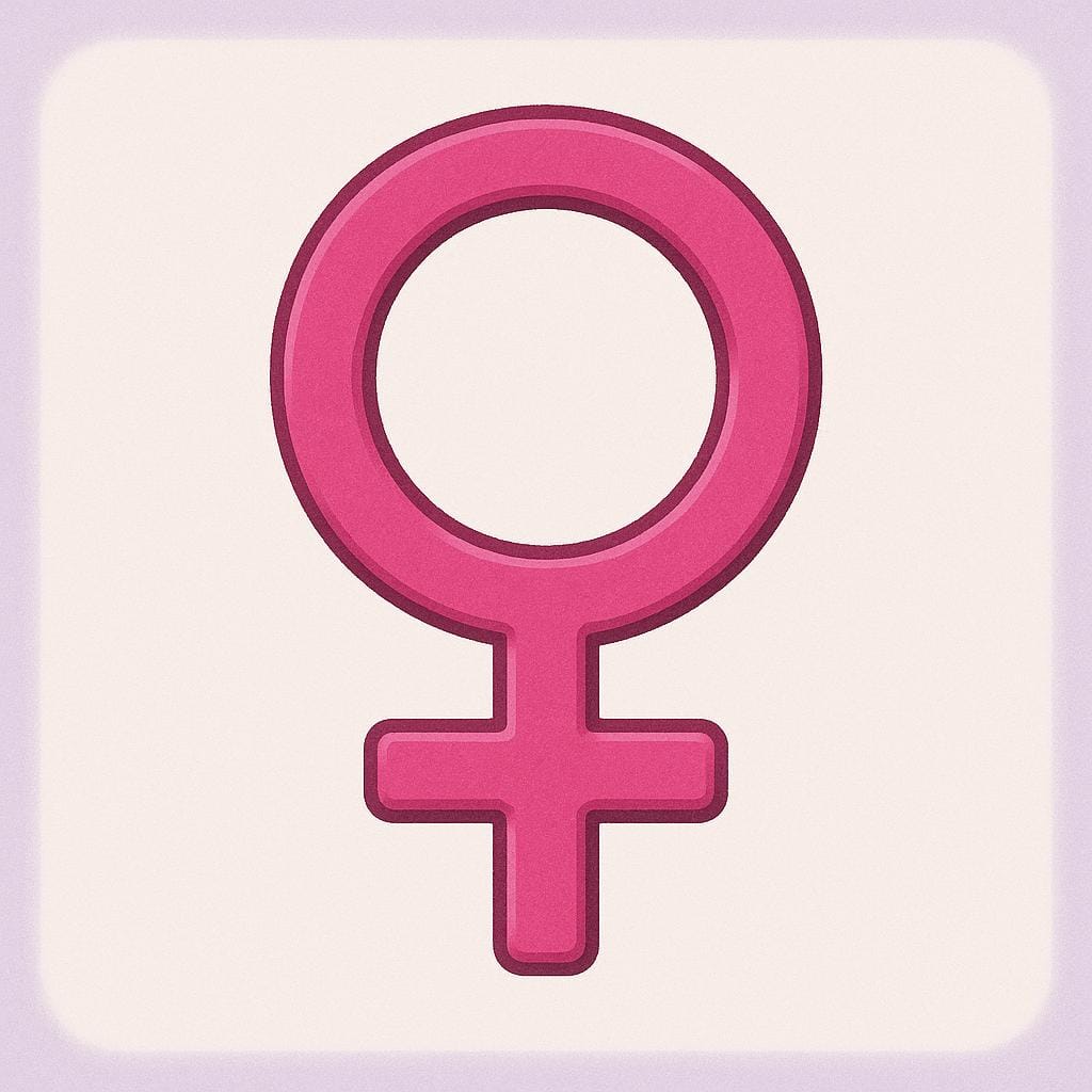 Ein markantes, stilisiertes Symbol des weiblichen Geschlechts (Venus-Symbol: Kreis mit kleinem Kreuz darunter) zentriert auf der Leinwand, das die sprachliche Kategorie selbst darstellt.