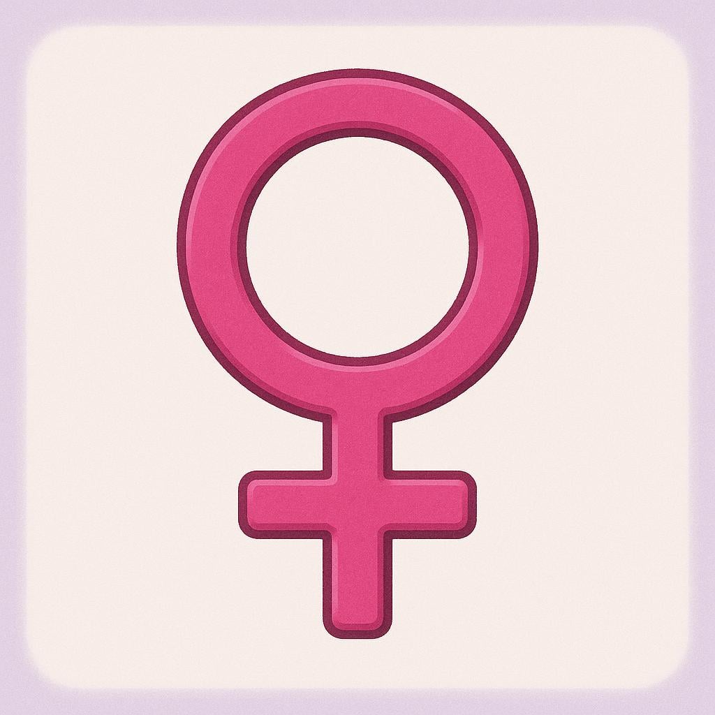 A prominent, stylized icon of the feminine gender symbol (Venus symbol: circle with small cross below) centered on the canvas, representing the linguistic category itself.