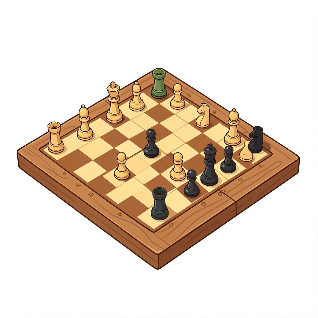 A wooden chess board with a few game pieces on it.