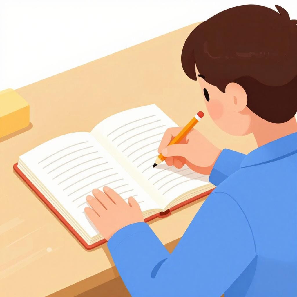 A person hiding behind a large book while secretly copying another person's handwritten notes onto their own paper.