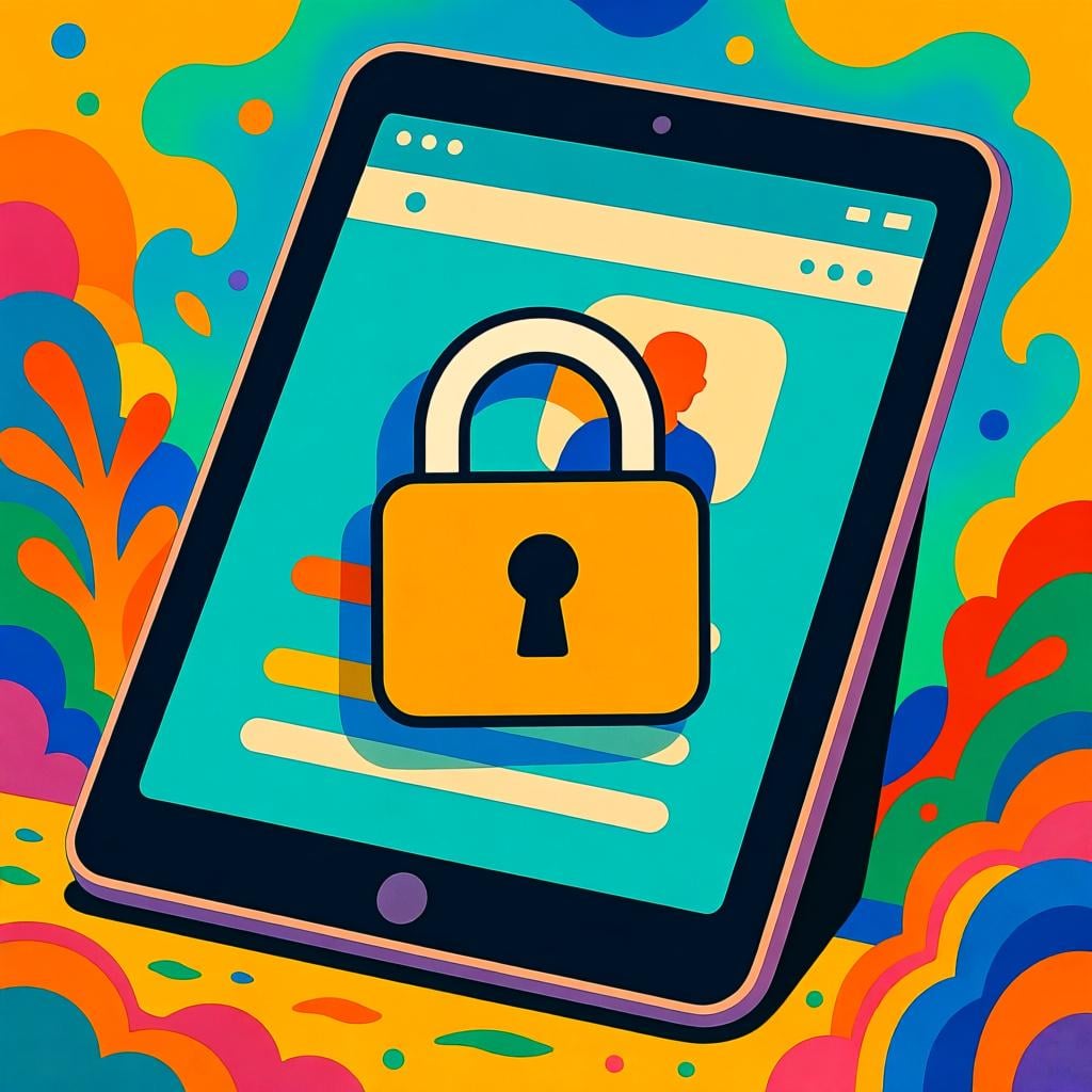 A digital tablet displaying a secure profile screen with a large lock icon in the center.