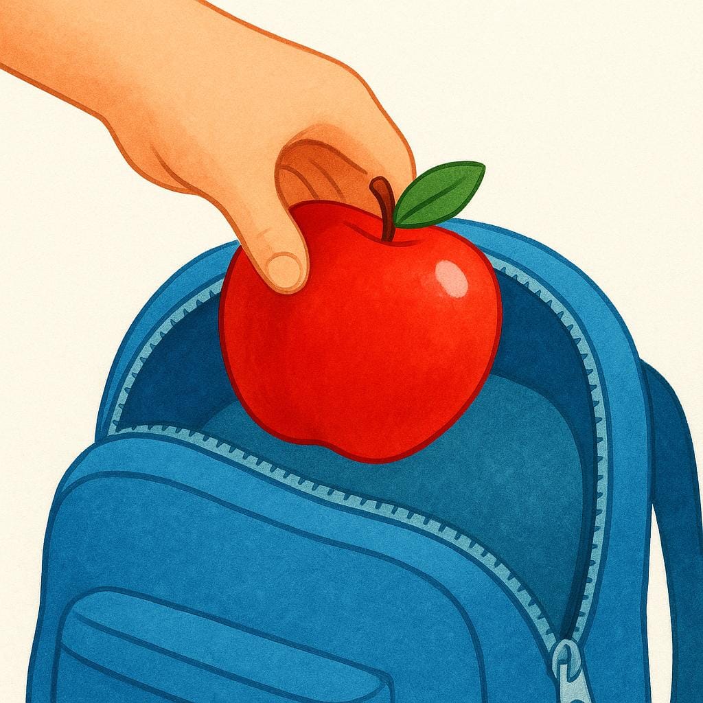 Une main d'enfant plonge dans un sac à dos coloré et en sort une pomme rouge vif.