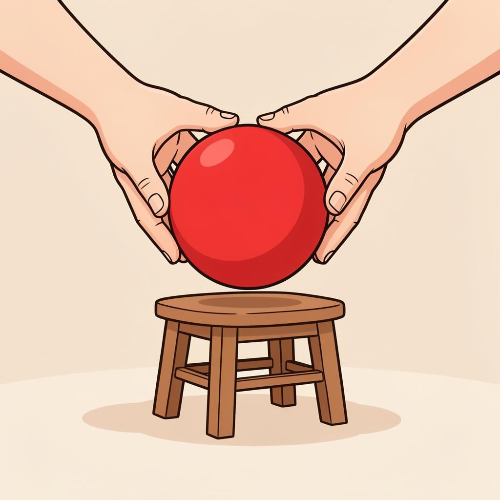 A pair of hands lifting a bright red ball off a small wooden stool, leaving the stool empty.